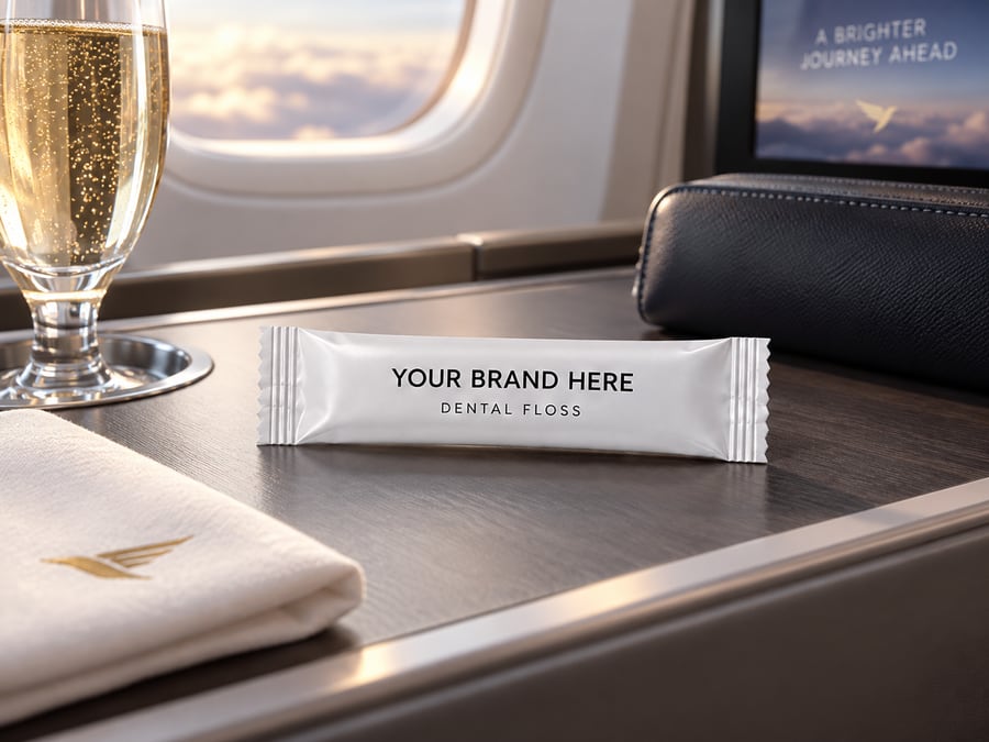 Sobre de hilo dental con marca personalizada junto a una copa en un asiento de avión