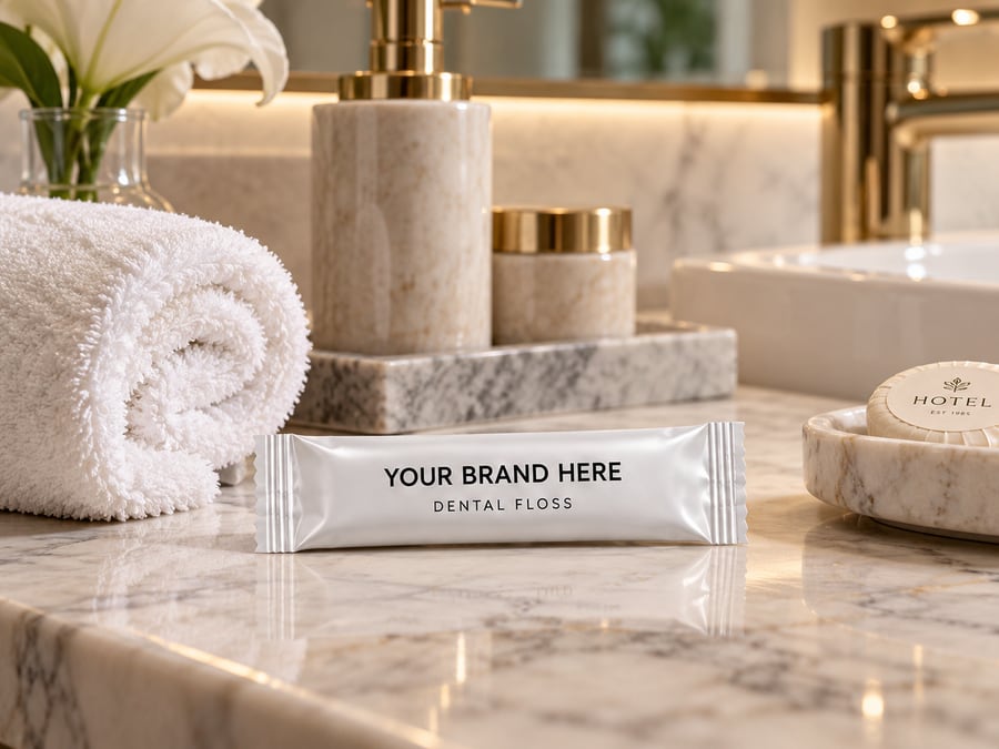 Sobre de hilo dental con marca personalizada en el baño de mármol de un hotel