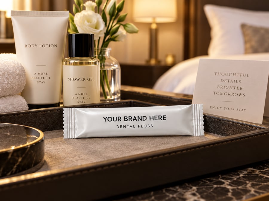 Sobre de hilo dental con marca personalizada en la bandeja de amenities de una habitación de hotel